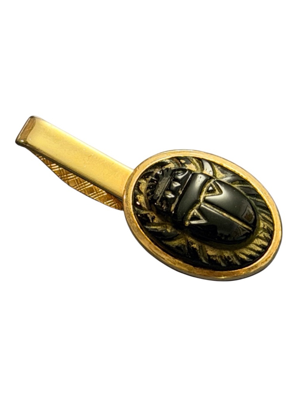 Vintage Gold-toned tie clip with Black stone carved Scarab 1 7/8” - Picture 2 of 6